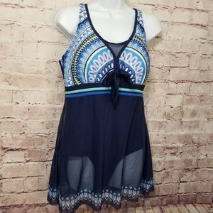Blue one piece bathing suit with sheer waist line